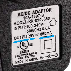 9V power adapter capable of 850mA (0.85 Amps)